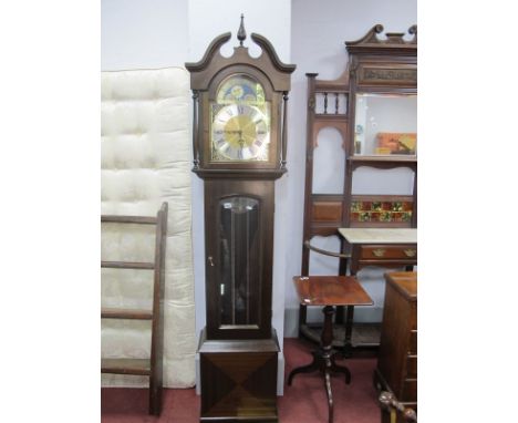 Mahogany Longcase Clock, with moon face, glazed, three brass weights, on a plinth base.