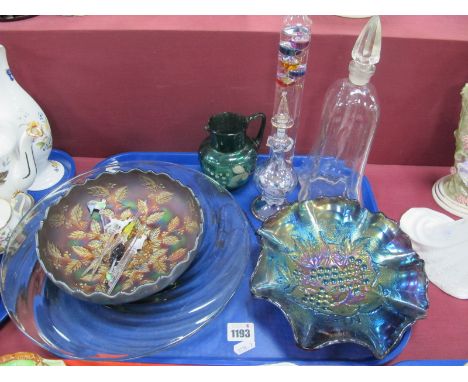 A Carnival Blue/Mauve Leaf and Vine Moulded Bowl, with crimped rim, another with a cherry design, large green tinted Wrythen 