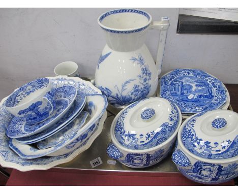 Spode Italian Tureens, plates, cup and saucer, Victorian toilet jug, other blue and white:- One Tray.