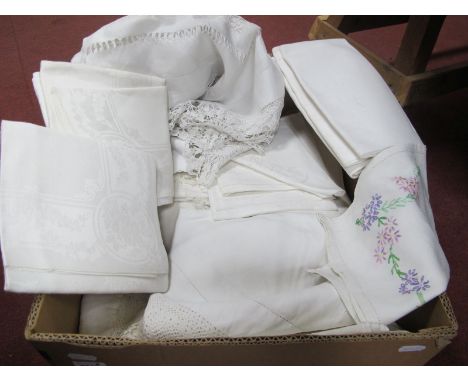 Vintage Table Cloths, doilies, linen napkins:- One Box.