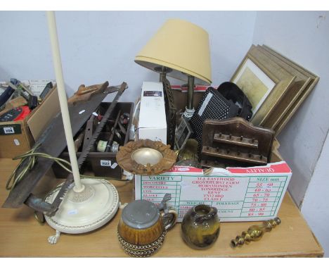 Tools, standard lamp, table lamps, prints, brass ware, etc.