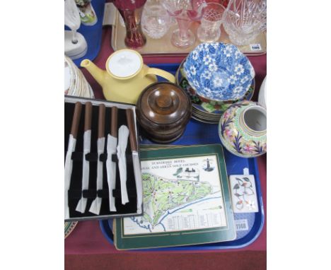 Dresden Vase, 13.5cm high, Samurai plates, Poole teapot, Mappin &amp; Webb steak knives, place mats, tea caddy, etc:- One Tra