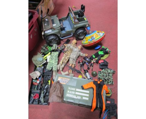 Action Man Jeep, soldiers, accessories, clothing, boots, etc. Kenner CE Batman figures, Chad Valley spinning top.