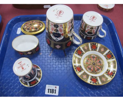 Royal Crown Derby 'Old; Imari' 1128 Pattern Mug, coffee can and saucer, tooth pick holder and oval trinket box, all first qua