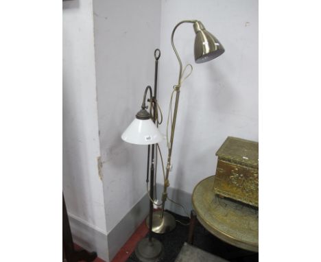An Adjustable Bronzed Standard Lamp, with opaque glass shade, together with a brushed brass effect standard lamp. (2)