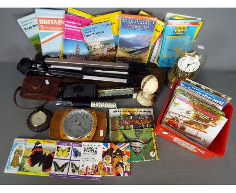 A mixed lot to include an anniversary clock and barometer, Purma Special camera, maps, an Otis King pocket calculator and sim