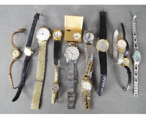 A collection of wristwatches and a travel clock to include Arctos, Sekonda, Accurist, Timex and similar.