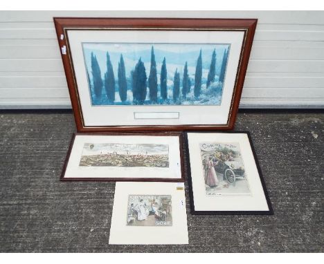 Lot to include a large framed print entitled 'Cypress Trees Tuscany' approximately 37 cm x 80 cm image size, a framed engravi