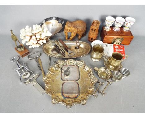 A mixed lot of collectables to include treen, plated ware, playing cards, coral sample and similar.