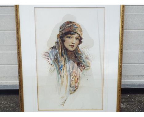 Watercolour portrait of a young girl, signed by the artist, mounted and framed under glass, approximately 51 cm x 33 cm image