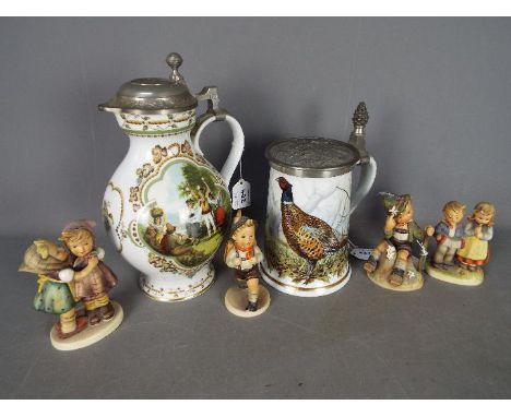 Two Franklin Porcelain lidded steins / jugs and four Hummel figurines. [6]Condition Report: Some damage / restoration to each