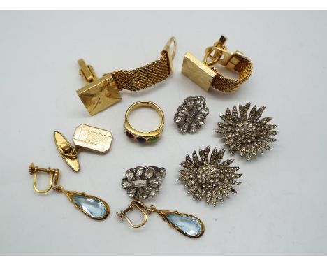 Lot to include cufflinks, earrings, ring and a pair of rolled gold aquamarine set drop earrings.