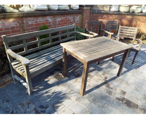 Garden Furniture - a timber lot comprising a rectangular table 70 cm x 119 cm (w) x 71 cm (d), a bench seat 85 cm (h) x 188 c