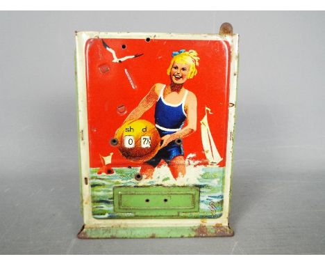 A vintage German, tinplate novelty money bank, one side printed with a young girl playing in the sea, the other with a young 