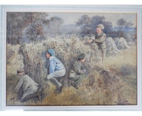 Walter Hayward Young, watercolour, depicting four young boys playing in a field, signed lower left, mounted and framed under 