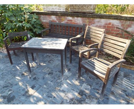 Garden Furniture - a timber lot comprising a rectangular table 69 cm (h) x 76 cm (w) x 51 cm (d), a bench seat 82 cm (h) x 12