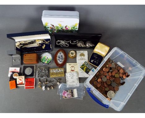 A mixed lot to include coins, a small quantity of stamps, costume jewellery, trinket boxes, silver cufflinks and similar.