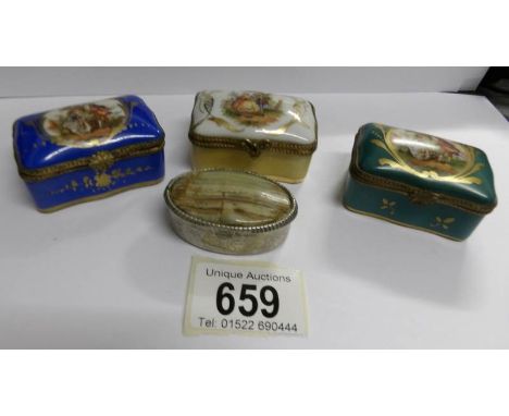 3 hand painted pill/trinket boxes and one other