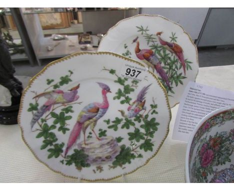 A first (Dr Wall) period Worcester porcelain plate and dessert dish, hand painted enamel 'exotic bird' decoration in London w