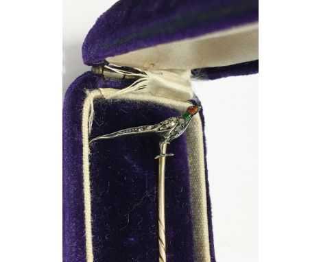 A 19th century stick pin being a pheasant set diamonds, (one foot missing from pheasant)