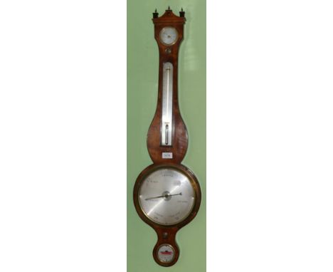 A mahogany wheel barometer, signed Stamp Bazone, circa 1800, thermometer, hygrometer, 8-inch silvered dial, spirit level sign