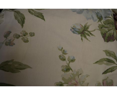Duck egg blue, white and soft pink floral design linen curtains, trimmed to both edges with plain duck egg blue linen fabric,