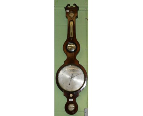 A mahogany wheel barometer, signed Archer, Hackney, circa 1830, hygrometer, thermometer tube, convex mirror, 10-inch silvered