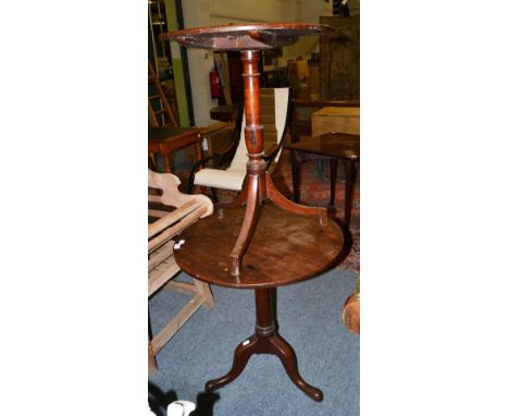 ^ An 18th century mahogany tripod table, 65cm diameter and a George III oak and mahogany tripod table, 54cm diameter 