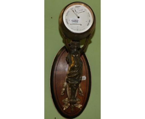 An unusual figural wall mounted aneroid barometer, circa 1900, the maiden figure in robes mounted on an oval wooden wall plaq