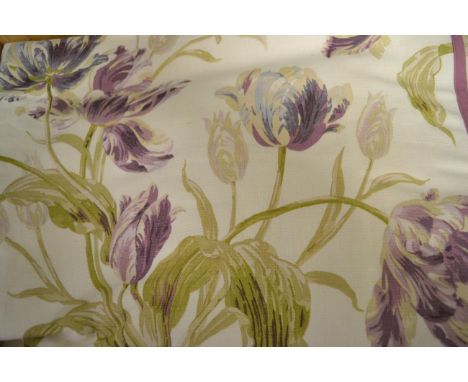 Two Laura Ashley Gosford amethyst floral, heavy linen curtains, trimmed to leading edge with plain linen coordinating fabric,