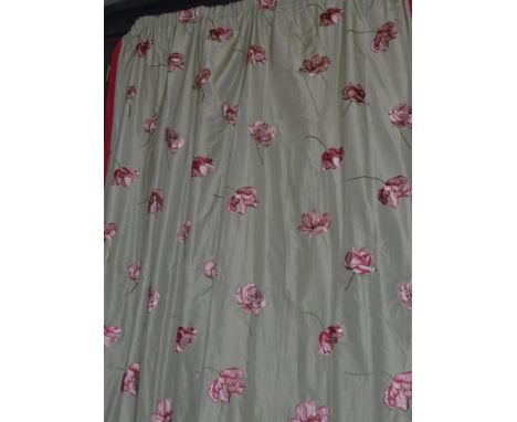 Two silk and viscose drawing room curtains in large scale raised embroidered floral design, in magenta pink on grey and magen