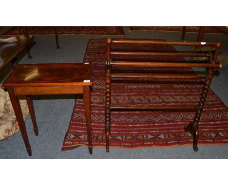 A Victorian bobbin turned towel rail, 73cm wide and a small side table, 54cm wide 