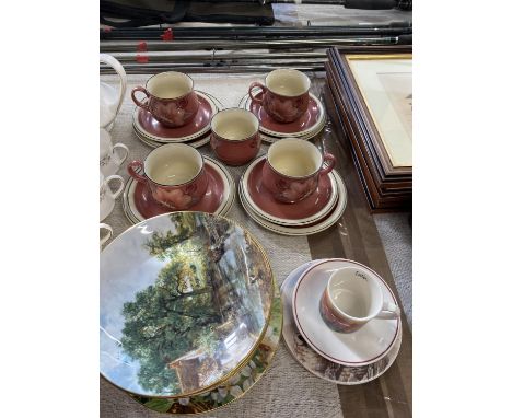 A vintage Denby coffee set with a selection of collectors plates, shipping unavailable