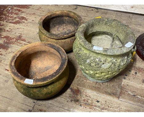 Two terracotta garden planters &amp; one ornate stone planter. No shipping.
