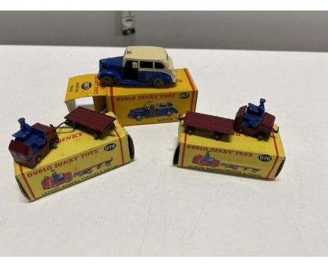 Three boxed Dinky Dublo diecast toys, 067 Austin Taxi and two 076 Lansing Bagnall Tractor and Trailer