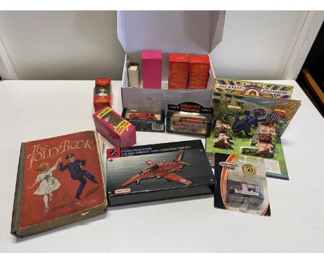 A box of assorted boxed die-cast and other modes with a vintage 1960's pop up space book