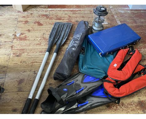 A job lot of collectibles including oil lamp, paddles, flippers etc, shipping unavailable