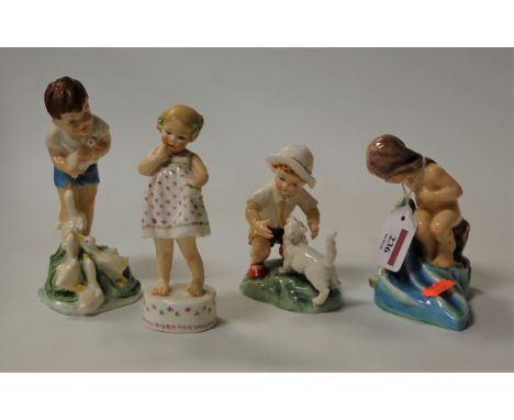 Four various Worcester porcelain figures modelled by Dorothy Doughty, being Only Me, Snowy, August, and Young Farmer