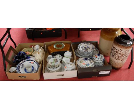 Three boxes of mixed ceramics to include Japanese eggshell, Woodsware part dinner service, German stoneware vase, walnut case