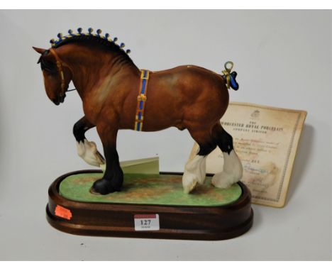 A Royal Worcester of a Shire stallion, modelled by Doris Lindner, in wooden plinth, model No.315/500, h.32cm, with supporting