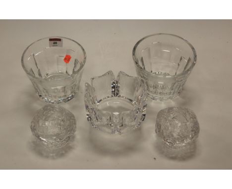 A Orrefors clear glass small footed bowl, dia.12.5cm; together with a pair of Stuart Crystal Jasper Conran flaring bowls; and