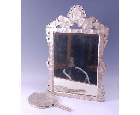 A mother of pearl parquetry easel mirror, having stencilled details of religious figures, h.60cm; together with a mother of p