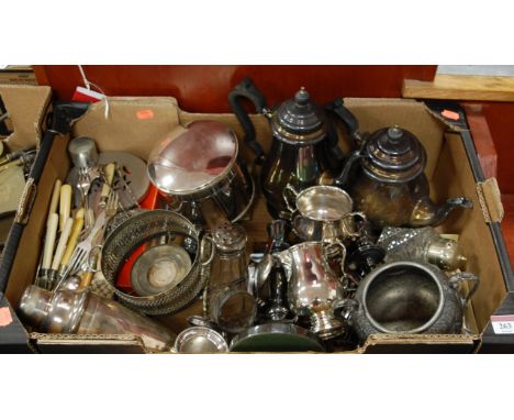 A box of miscellaneous metalware, to include Mappin plate cream jug, table candlestick, Art Deco style cocktail shaker, loose