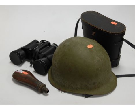 A post-WWII steel turtle helmet, together with a copper powder flask, and a pair of Pathescope binoculars (3)