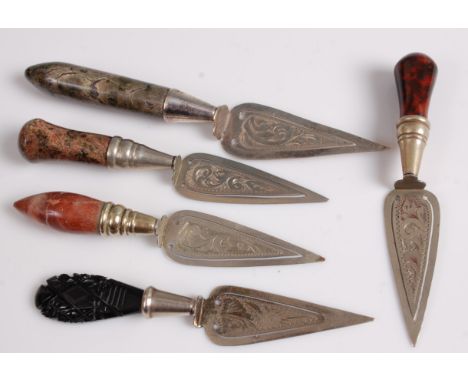 Five various agate and white metal bookmarks, each in the form of a trowel, with bright cut engraved decoration (one handle b