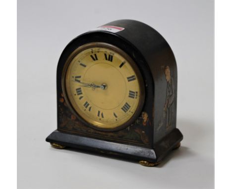 A Japan black lacquered case dome-top mantel clock, h.14cm.Overwound and currently won’t start.Case a little worn.Dial slight