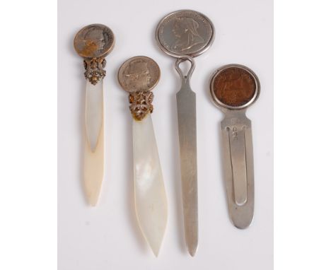 A French silver plated and mother of pearl bookmark; together with one other similar example; a late Victorian silver example