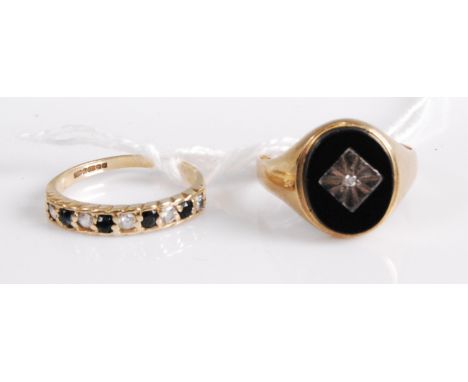 A 9ct gold, black enamel and diamond point set gent's signet ring, size O; together with a 9ct gold, blue and white sapphire 