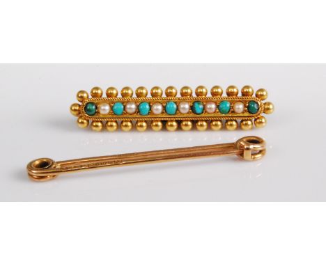 A 15ct gold safety pin brooch, 2.2g, 4cm; together with a circa 1900 15ct gold, seed pearl and turquoise set bar brooch with 