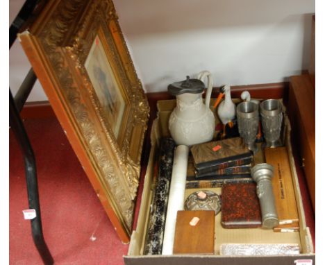 Mixed lot, to include reproduction print in heavy gilt composition frame, two Guinness cribbage boards, stoneware jug, Scott'